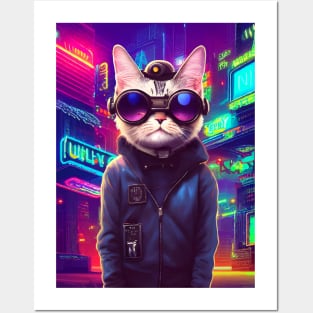 Techno Cat In Japan Neon City Posters and Art